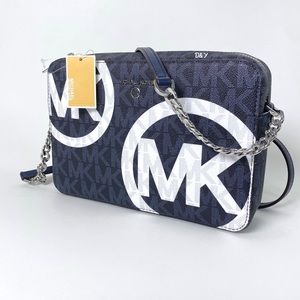 Michael Kors Large Jet set Chain Charm Crossbody Bag Navy with Signature print